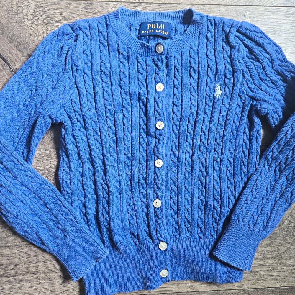 Polo Ralph Lauren Girls Cable Knit Cotton Cardigan Blue Pony Sweater Size 3T